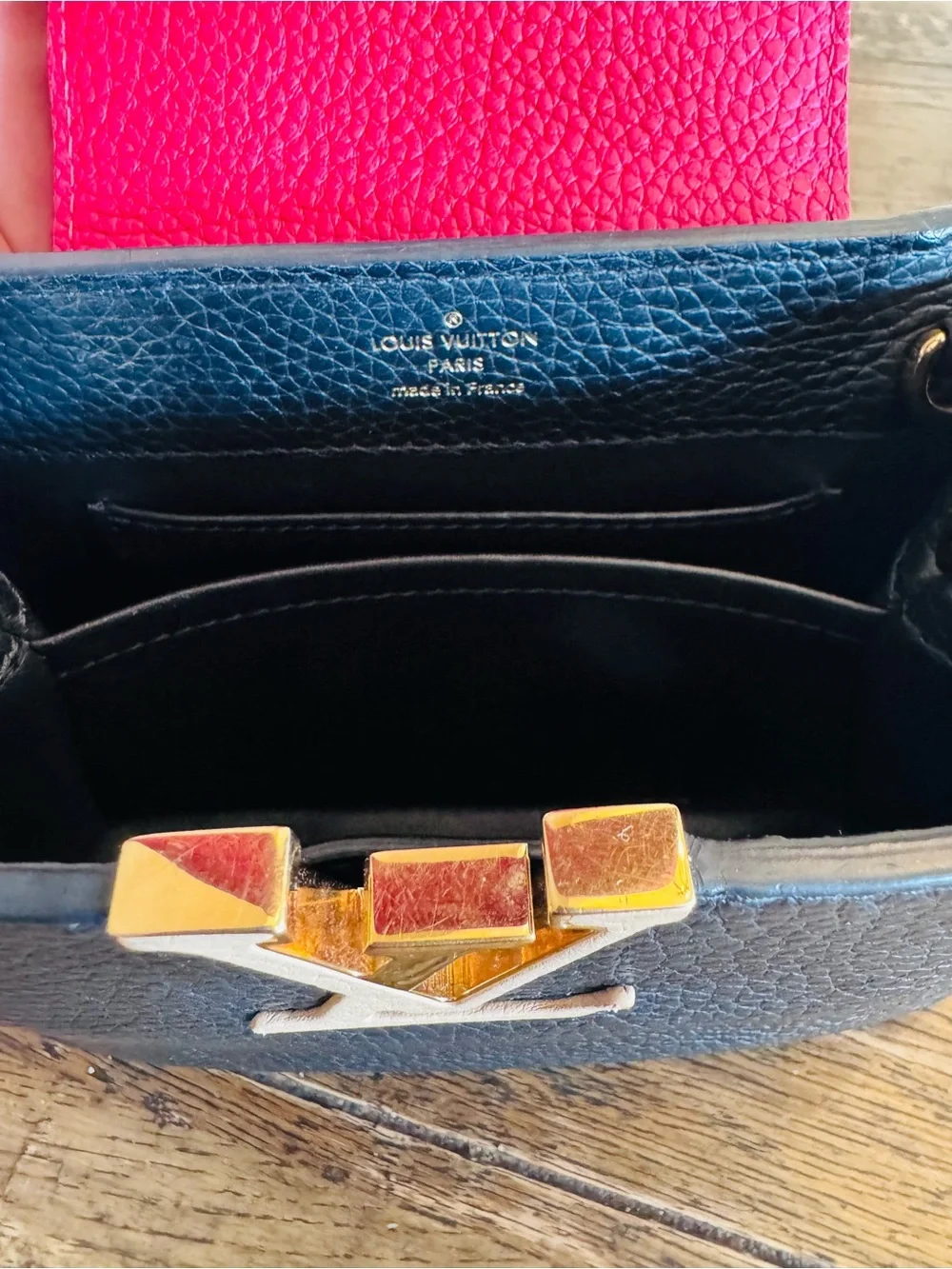 Authentic Louis Vuitton Capucines Mini Top-Handle Bag in Black & Red with COA